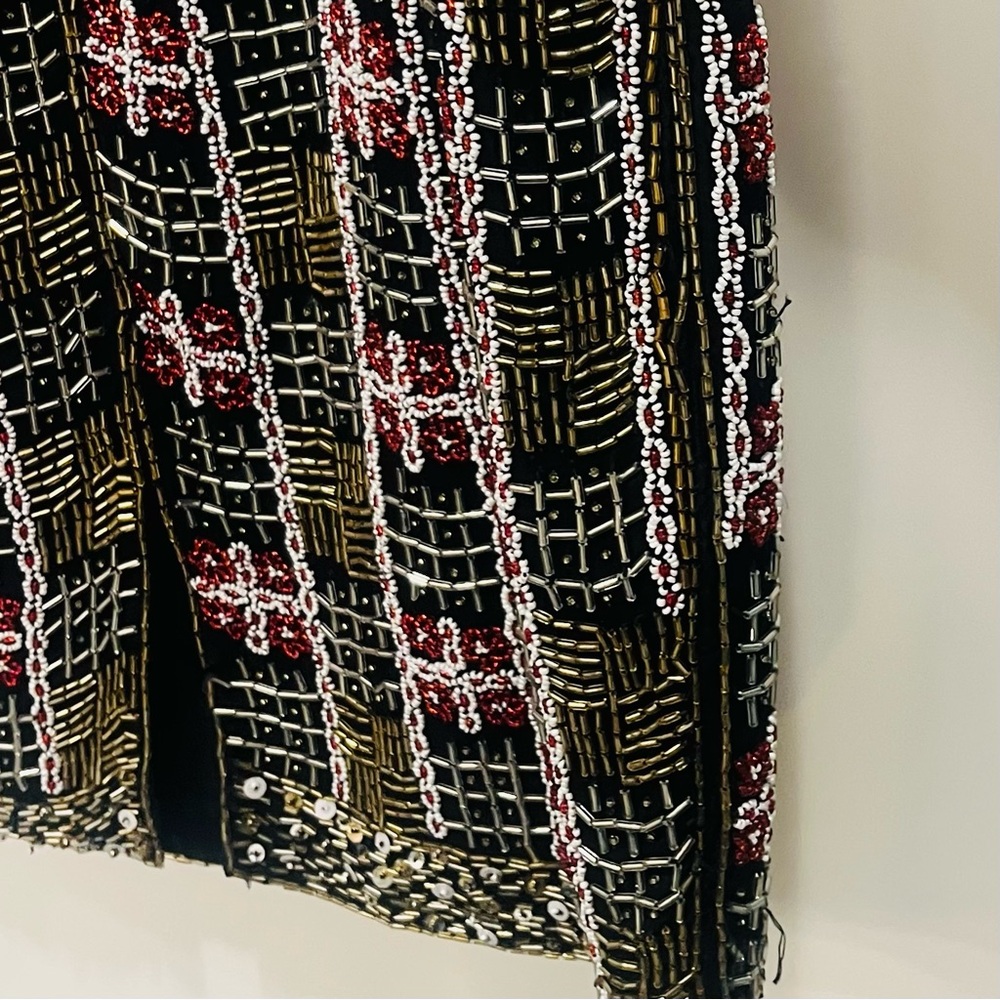Vintage Silk Beaded Black Red Gold Geometric Pattern Mini Dress Small - Picture 10 of 10